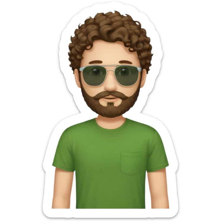 a self asured white male. brown hair. green t-shirt. blue background 5 days beard. sunglasses. longer curly hair sticker
