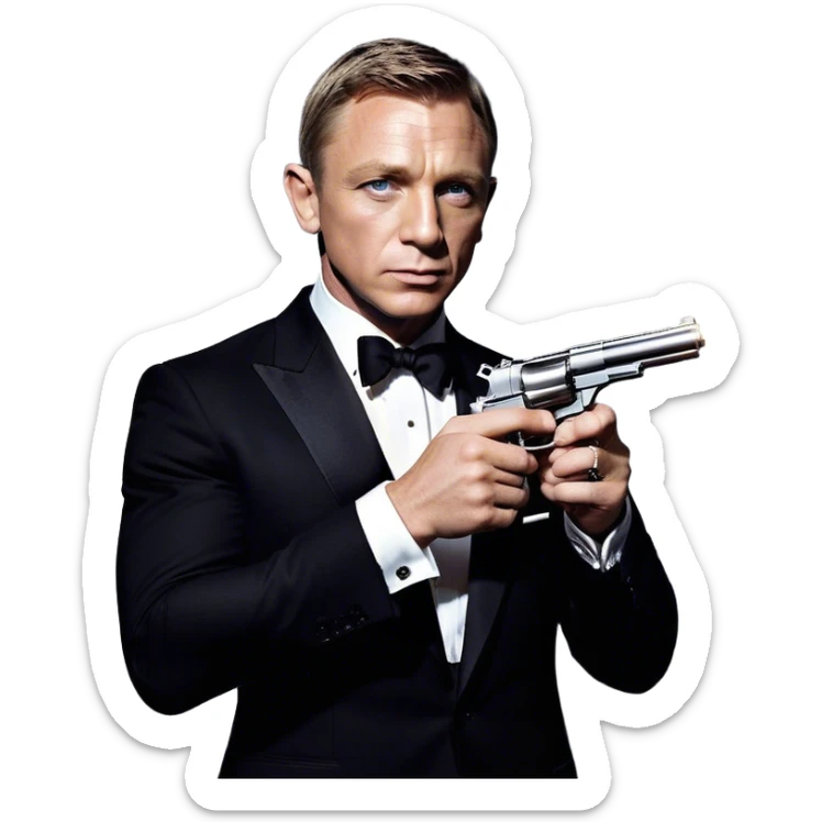 Cinematic Realistic James Bond Daniel Craig Portrait Emoji, depicted as the ultimate suave and enigmatic secret agent, donning a sharply tailored tuxedo, gripping a sleek handgun, with a piercing gaze that exudes confidence and danger. The scene is infused with moody, high-contrast cinematic lighting, evoking the thrilling world of espionage and intrigue. sticker