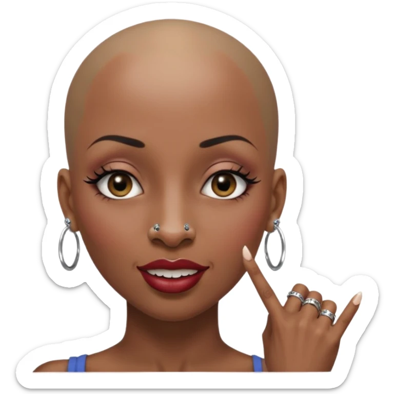 Grown black (proud) woman, bald with a perfect head, a prominent nose with a septum piercing, many piercings on her ears, a gap between her front teeth and very long nails (cynthia erivo) a proud lesbian, with long lashes and her finger tapping the top of her head sticker