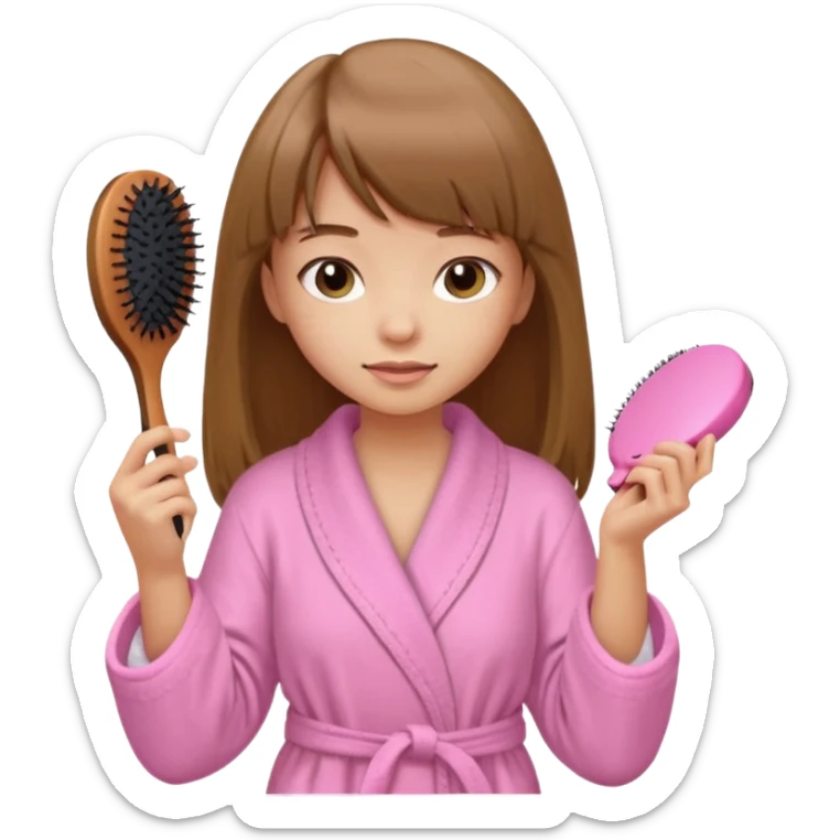 a girl with light skin and medium brown long hair with bangs who is brushing her hair with a hairbrush and she is wearing a light pink bathrobe sticker