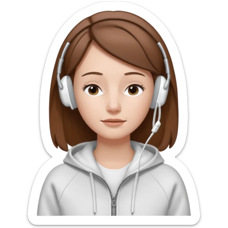 A clean, minimal emoji-style illustration of a white girl with brown hair worn loose. Her eyes are closed while listening to music with silver AirPods Max. She’s wearing a white zip-up hoodie. Smooth 3D emoji style, soft lighting, neutral tones. sticker