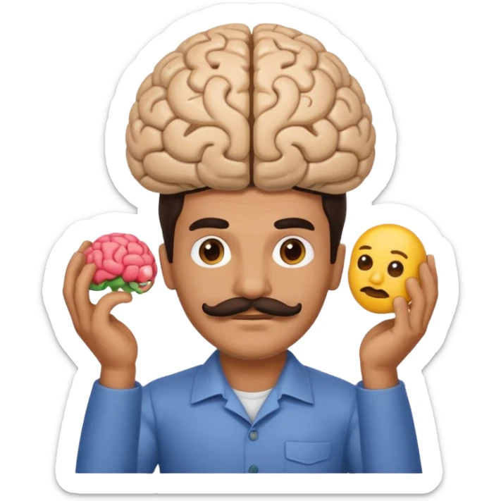 mustachioed man with dark hair holding a brain as an emoji no curl to mustache  sticker