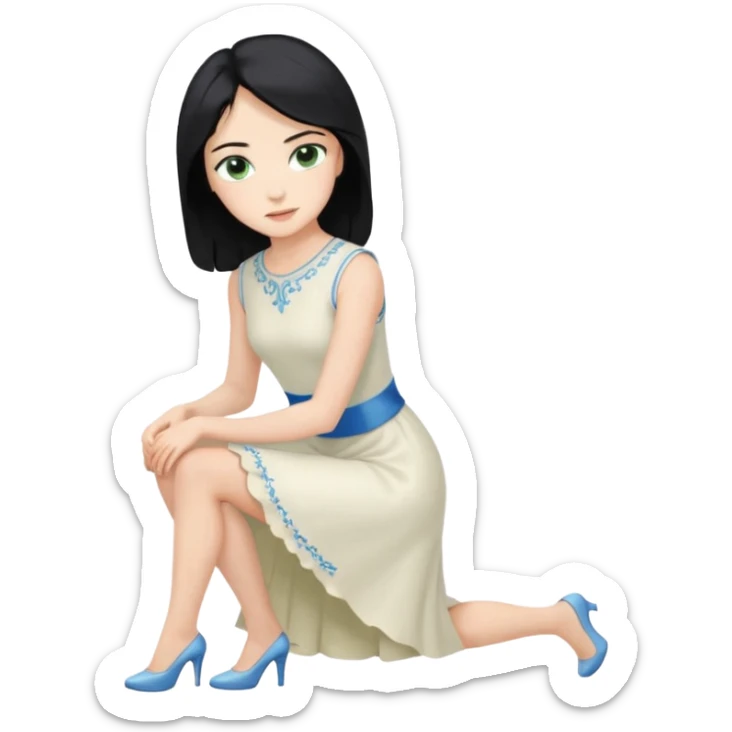 prince, upright, black Hair, blue eyes, garment,  Woman, bending knee, sleveless white dress, blonde hair, green eyes, sticker