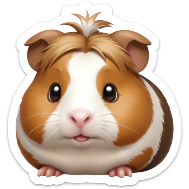 Cinematic Cute Brown and White Banded Guinea Pig Portrait Emoji, Head tilted playfully and inquisitively, showcasing a fluffy coat with playful brown and white banded patterns, round, sparkling dark eyes filled with curiosity, Simplified yet irresistibly adorable features, highly detailed, glowing with a warm, friendly glow, high shine, affectionate and spirited, stylized with a touch of whimsy, bright and endearing, soft glowing outline, capturing the essence of a mischievous yet loving guinea pig, so playful it feels like it could dash out of the screen and into your arms! sticker