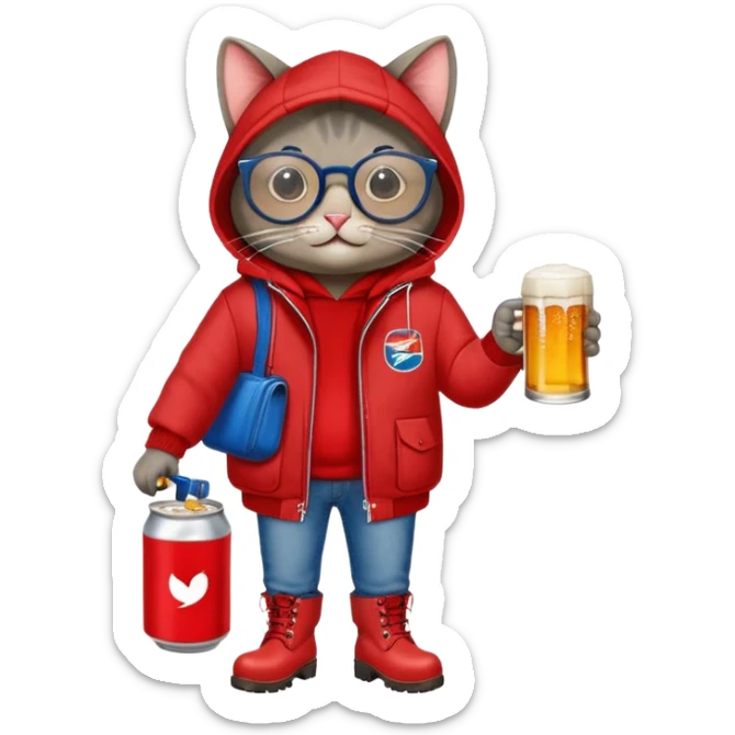 Catfish in red winter jacket with hood, round glasses, blue jeans, red boots, holding a beer can with red label sticker