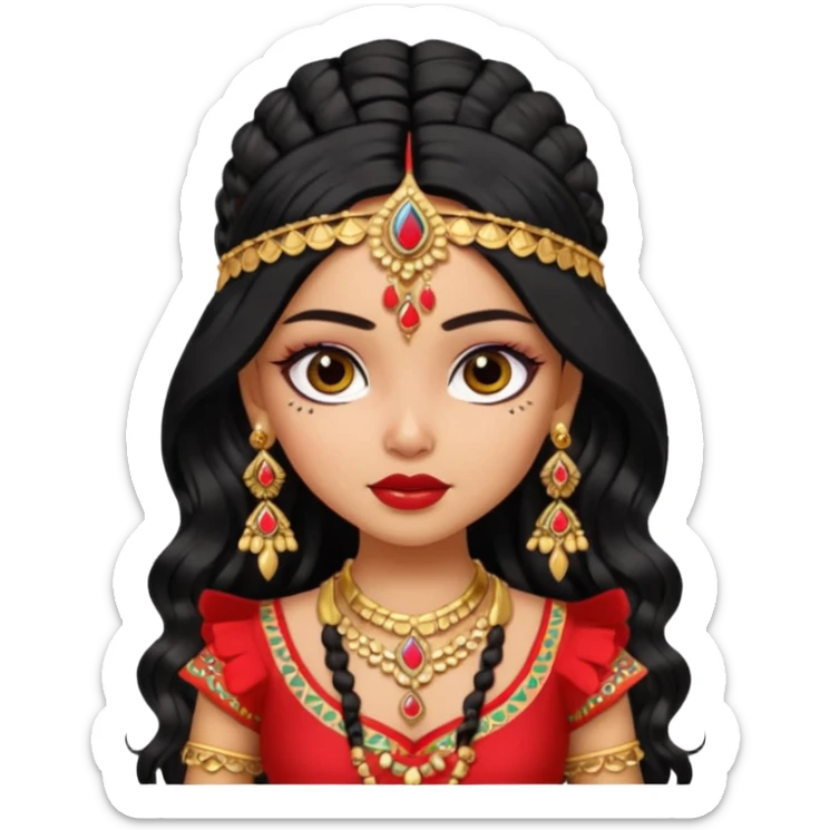 a pretty bratz fair indian girl wearing a red indian wedding outfit,  golden jewellery, black wavy hair sticker