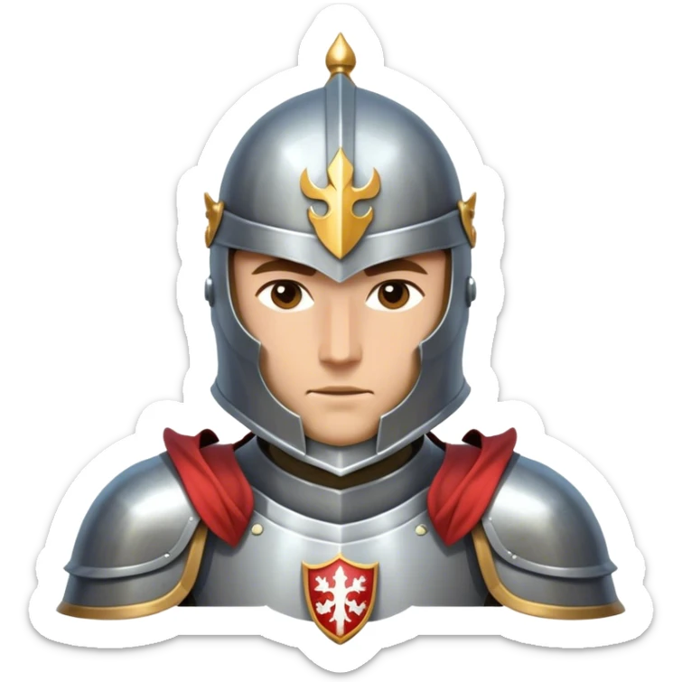 Clash of Clans aesthetic friendly Knight Portrait Emoji, With a noble, armored build featuring a gleaming suit adorned with simple heraldry and a determined gaze behind a visored helm, his face rendered in a natural skin tone (not yellow), Simplified yet dynamic features, highly detailed, glowing with a cool, steely radiance, high shine, courageous and resolute, stylized with an air of chivalric valor, focused and stalwart, soft glowing outline, capturing the essence of a valiant knight ready to charge into epic quests with honor! sticker