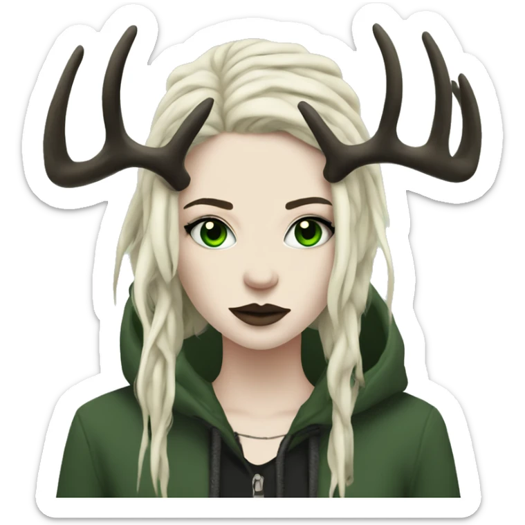 Portrait of a woman with pale skin, green eyes, black dreadlocks, eyeliner, deer antlers, punk, grunge sticker