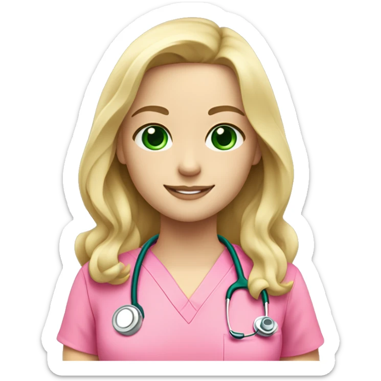 pale blonde girl with long wavy hair and green eyes wearing pink scrubs and stethoscope  sticker