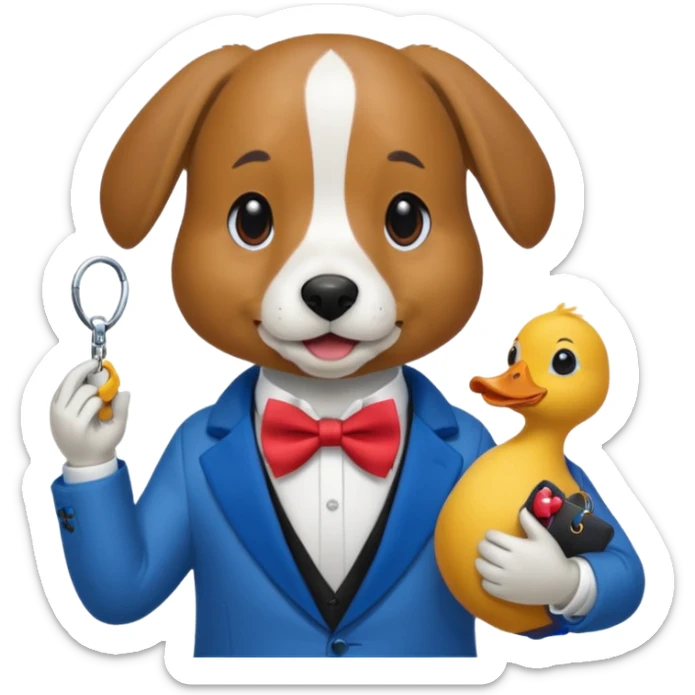 A dog holding keys in one hand and a duck in the other, all with a half-red, half-blue bow tie. sticker