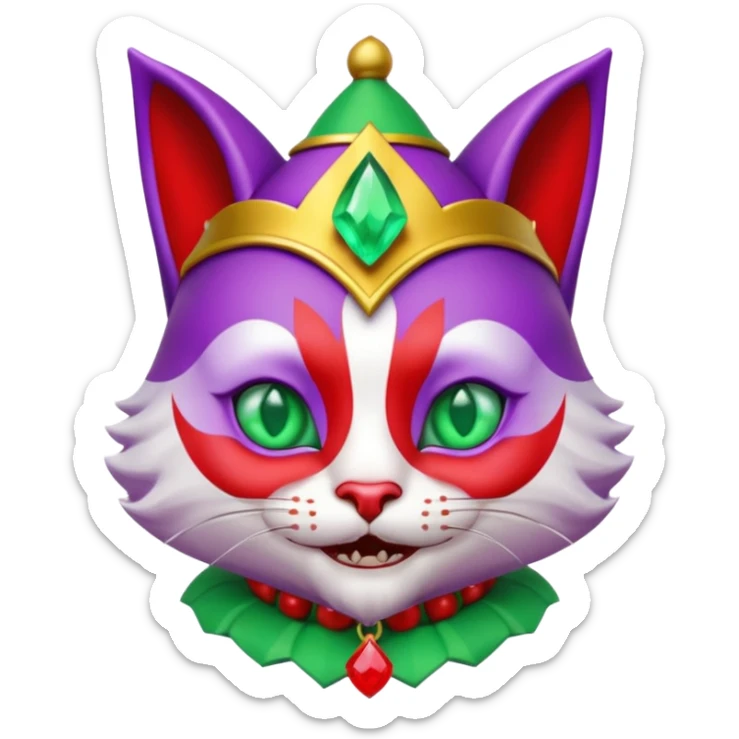 crazy colorful cute little cat jolly joker from poker, medieval, vintage, court jester, mac os icon, purple, gold and red color, half body, emerald green ice eyes. Squared shape as 3D mac os icon, symmetrical sticker