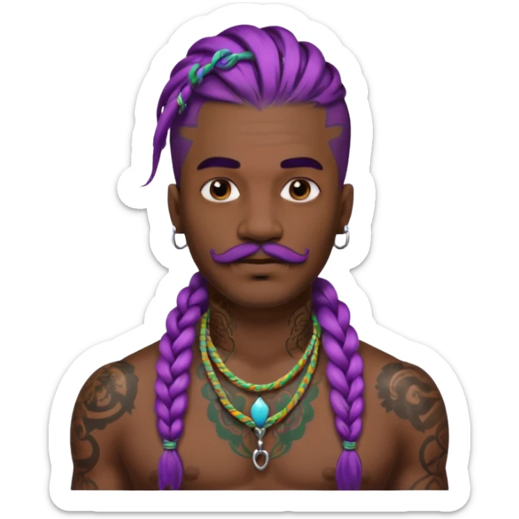 big lose braids starting from the top of the head man with mustache face wiith big visible braids and lots and lots of face tattoos colored tattoos like a tattoo artist hair unique color sticker