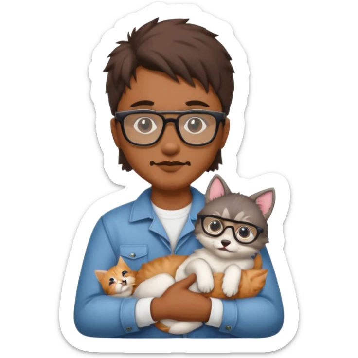 Glasses and mustach holding a kitten, the person should be brown and have a wolf cut mullet sticker