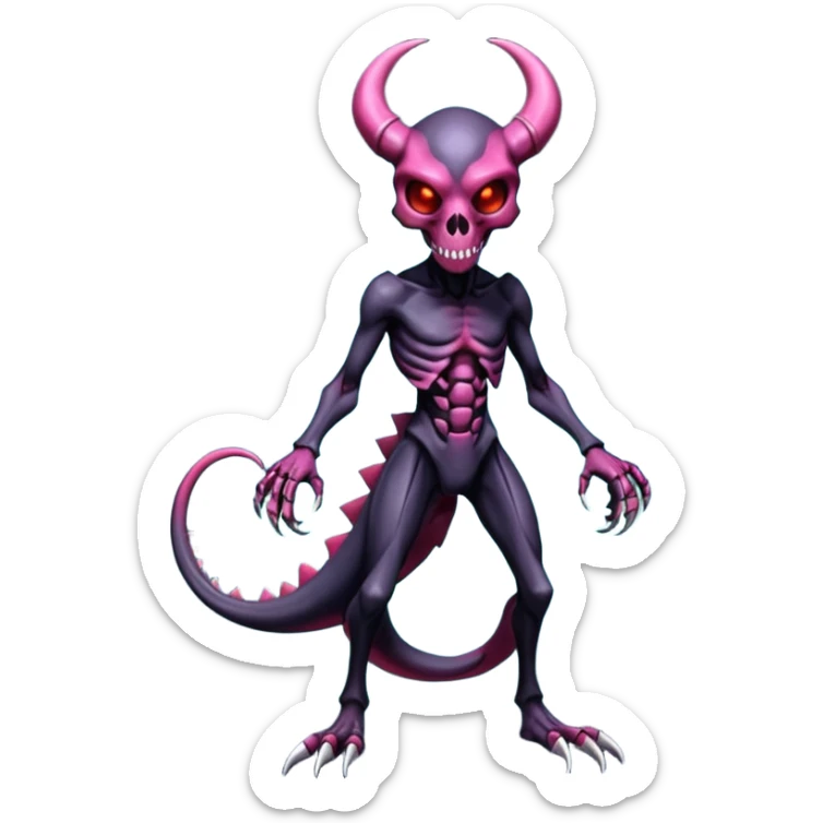 Shiny Horned Futuristic Badass Demonic Spectral Dusky Spooky Skull-faced Cool Hot Stylish Handsome Alien-Salandit-Darkrai-Genesect-Fakémon-fusion (full body) sticker
