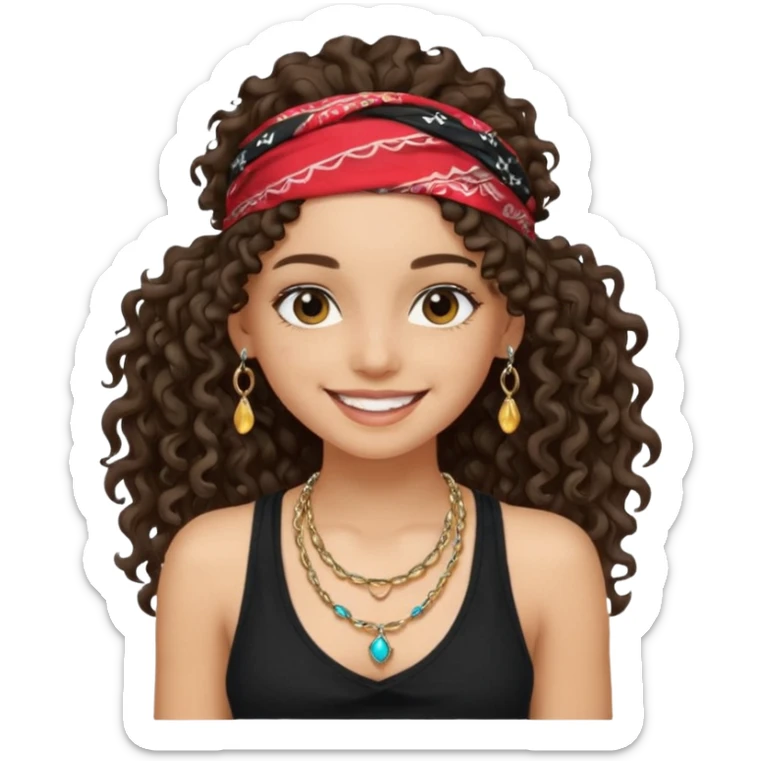 Baddie girl with black  tank top long  curly hairss and bandana and jwellery face only not body sticker