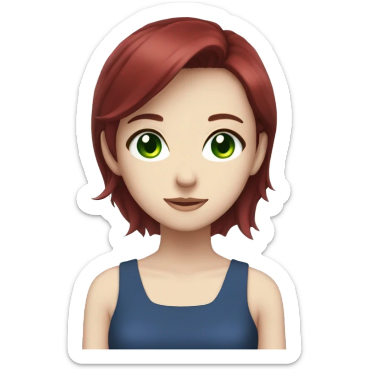 A anime girl with dark red hair and green eyes wearing a blue dress sticker