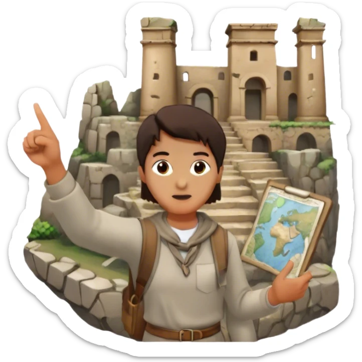 Icon for Documentary Film: A traveler in casual clothing standing and pointing towards ancient ruins, explaining history. The scene should evoke a sense of exploration, with the traveler holding a map or scroll. Include crumbling stones and historical artifacts. Transparent background. sticker