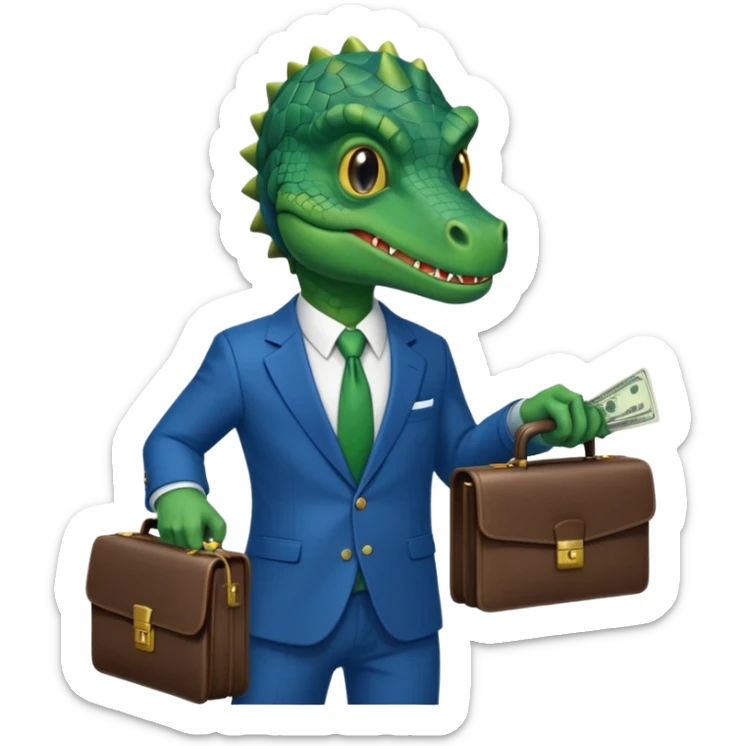 reptilian in a blue suit holding cash and a briefcase sticker