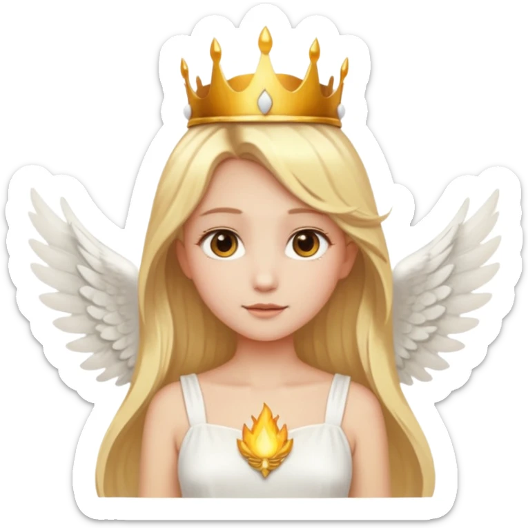 Emoji-style angel: blonde hair, golden flame-like crown, golden halo, large detailed white wings, white dress, soft cute emoji aesthetic. sticker