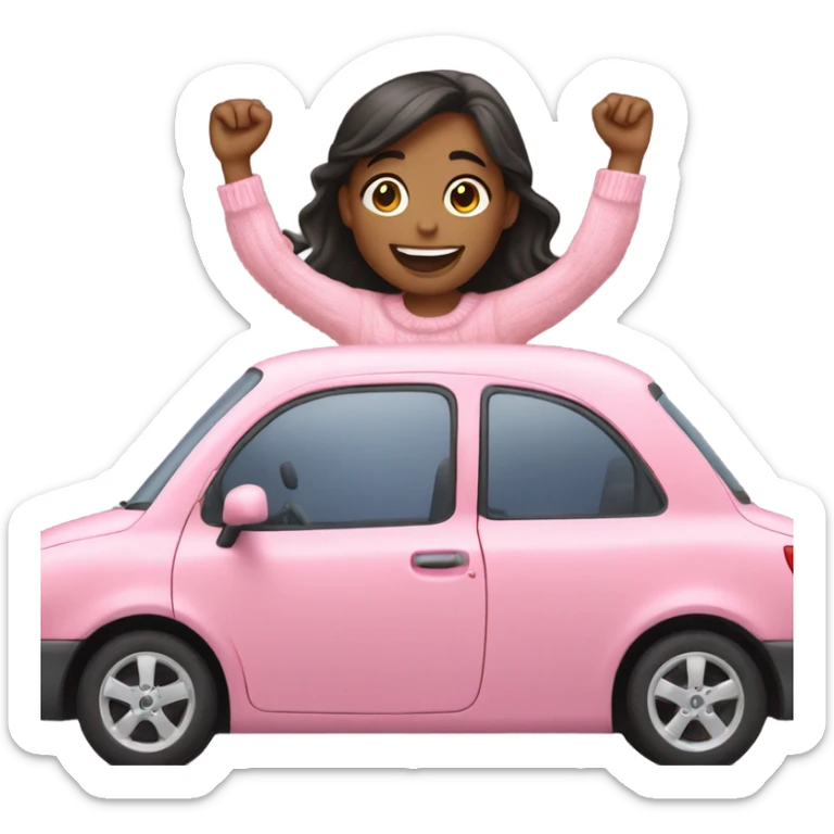 smiling girl in sweater in pink car arms up  sticker
