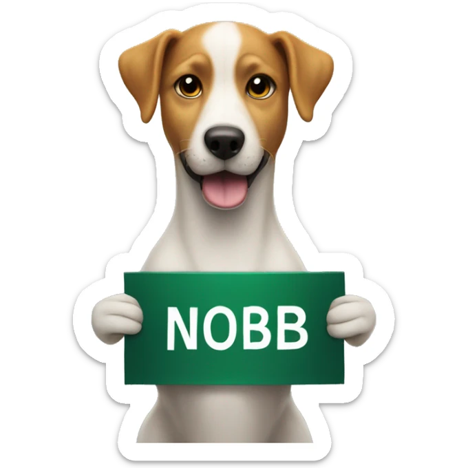 dog holding a sign with the inscription 'you are noob ” sticker