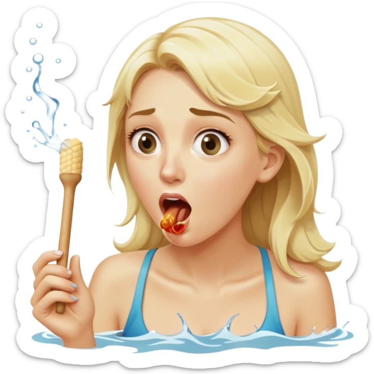 blond woman eating a wide stick the same color as her skin, with a bite taken out of the edge, water stream squirting directly from the stick into her open mouth, surprised expression sticker