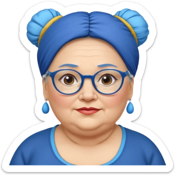 fat old woman with blue big bun hair and glassess and headband, no earrings sticker