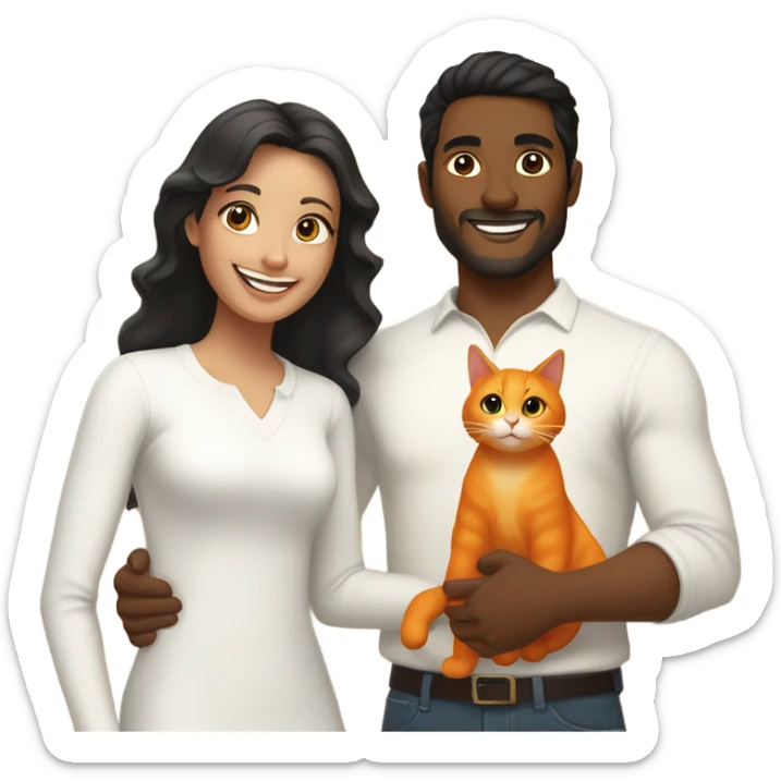 a happy light-brown woman with black hair and a happy brown man with brown hair in white long sleeve are family and holding an orange cat sticker