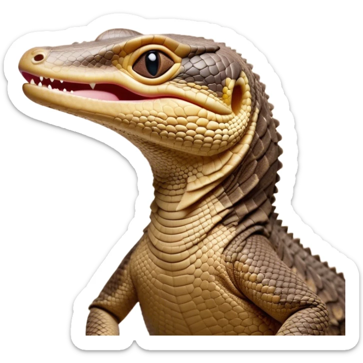 Cinematic Realistic Cute Yawning Monitor Lizard Portrait Emoji, Head tilted slightly with a dramatic, wide-open yawn, showcasing a soft, textured scaled hide with subtly drooping features and half-closed, drowsy eyes, rendered with meticulous natural detail and warm shadows, high shine, relaxed yet expressive, styled with a dash of desert charm, soft glowing outline, capturing the essence of a sleepy yet affectionate monitor lizard that appears ready to stretch out for a restful nap! sticker
