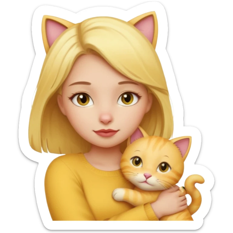 Sarışın elinde kedi olan ve hafif ruj ve rimel sürmüş sarı kedisine sarılan bir kız sticker