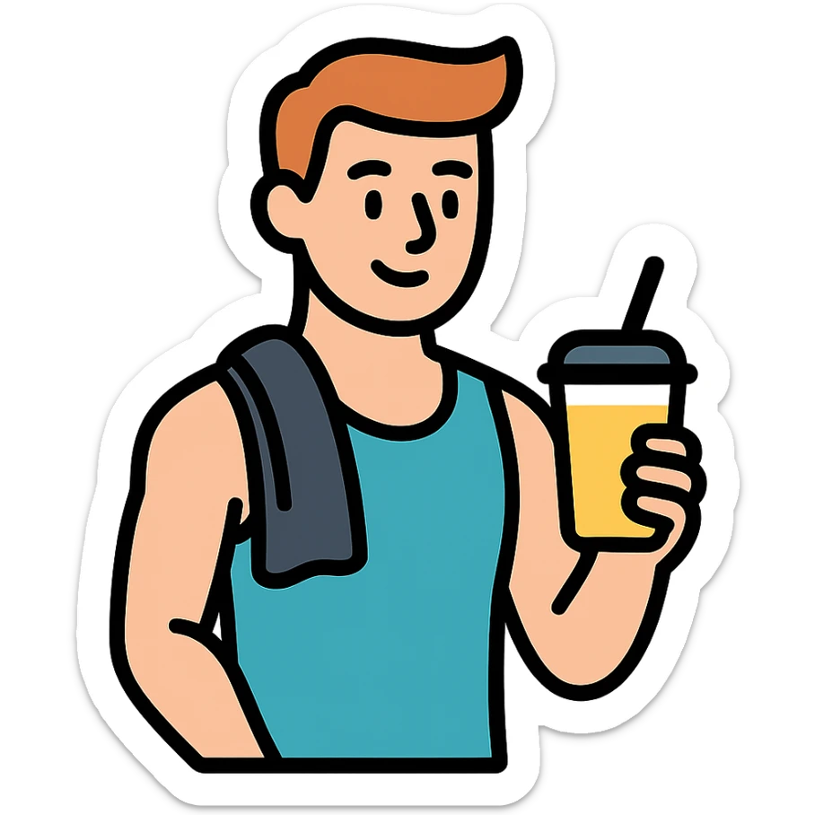one man at the gym holding a smoothie and relaxing after workout, icon style, simple and clear design sticker