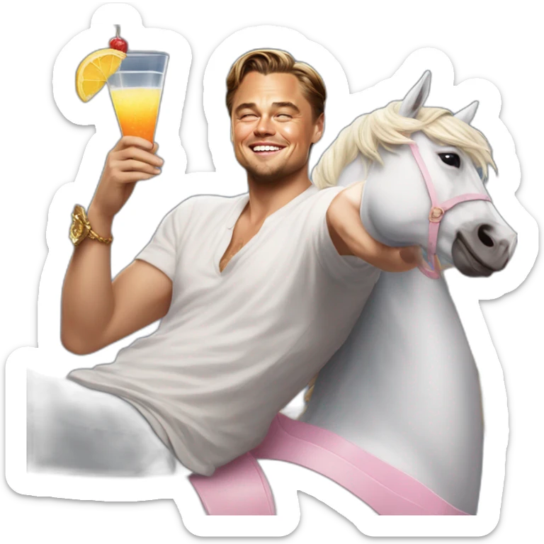 Leonardo DiCaprio smiling, raising a glass of cocktail and sitting on a unicorn sticker