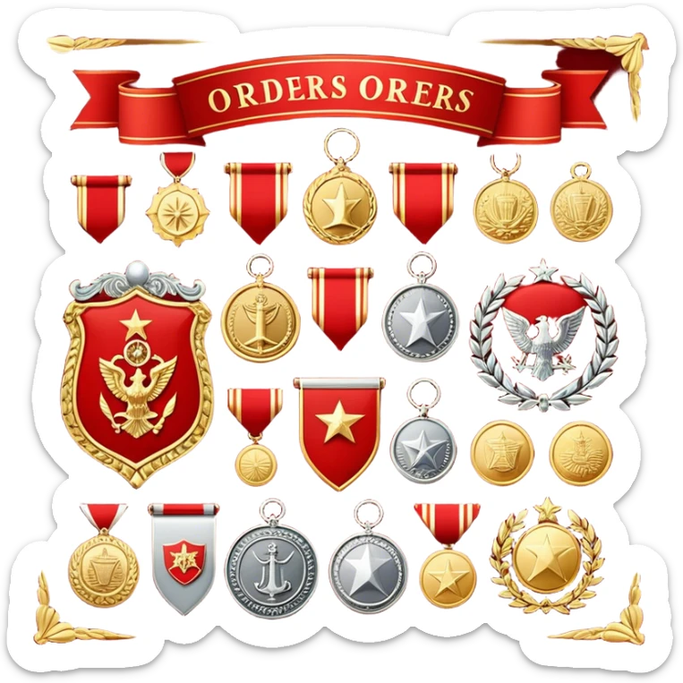 Icon for Collecting Orders, Medals & Badges: a variety of vintage orders, medals and badges, displayed neatly on a big red pennant. The icon should reflect the honor and historical significance of these collectible items. Transparent background. sticker