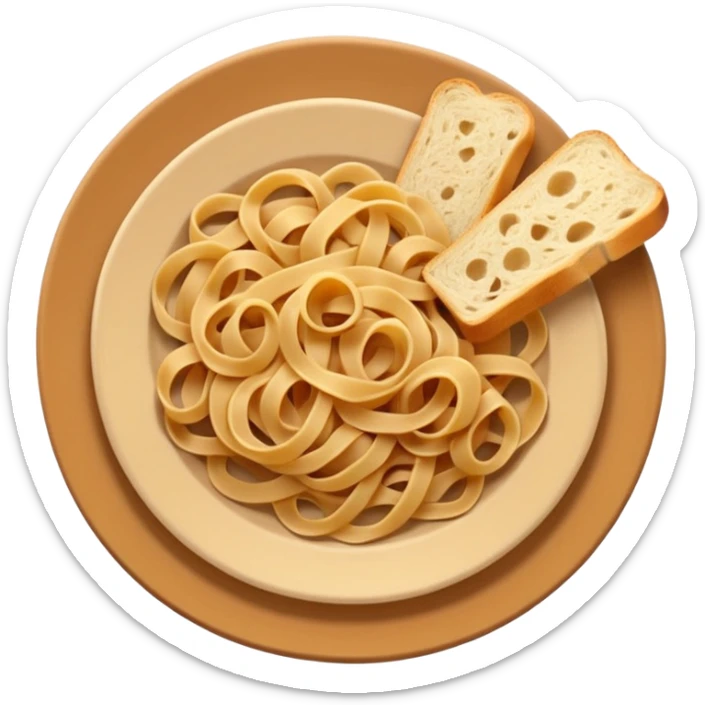 European cuisine humanless avatar in modern emoji-style illustration. Plate with pasta and bread, neutral warm colors, simple shapes, flat design, elegant and friendly. sticker