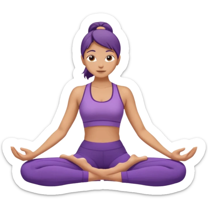 	A woman in purple yoga clothes sitting and bending forward to reach her toes, calm meditation vibe, simple white background. sticker