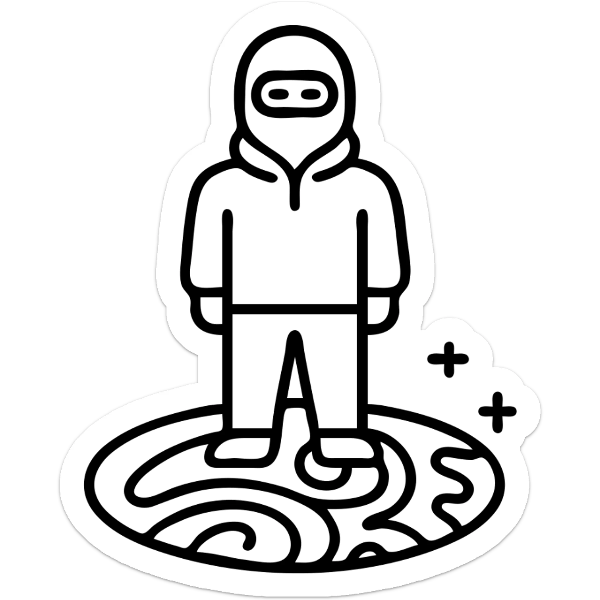 Person in ski mask and hoodie standing on vibrant earth surface with cosmic patterns and fractals flowing beneath feet sticker