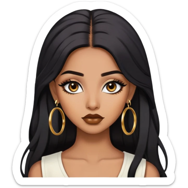 indian girl, brown skin, long black voluminous hair, brown underneath colored hair, baddie,pretty, makeup, lipliner, black eyeliner, gold hoop earrings, white top sticker