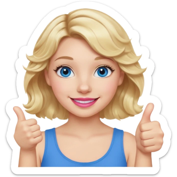 Girl Blonde short wavy hair,  blue eyes, cute blue top, long lashes, pink lips, smiling, 👍🏻 sticker