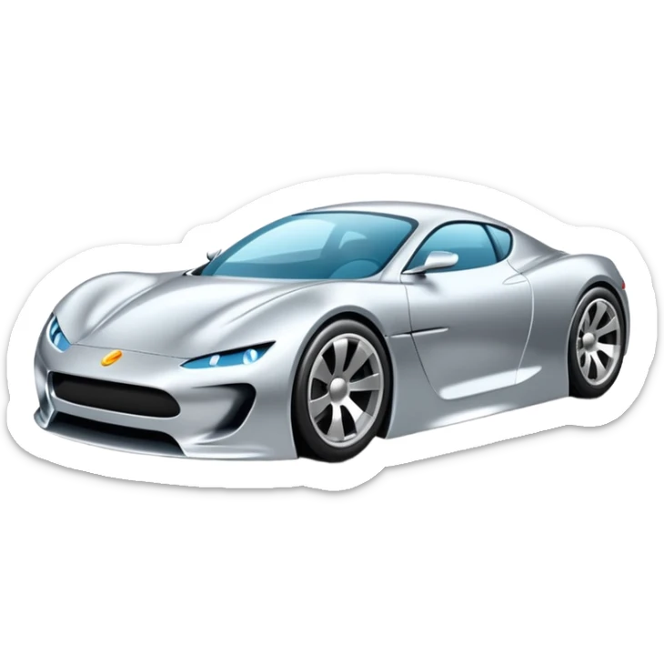 A low-profile futuristic car emoji made of polished silver chrome, wide body stance, smooth aerodynamic shape, glossy metallic surface, soft reflections, luxury swag aesthetic, minimal details, iOS emoji style, centered on clean white background, studio lighting sticker