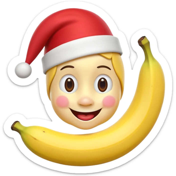 A 3D cartoon peeled banana with a red nose and tiny hat, smiling face, playful pose, Memoji-style. sticker