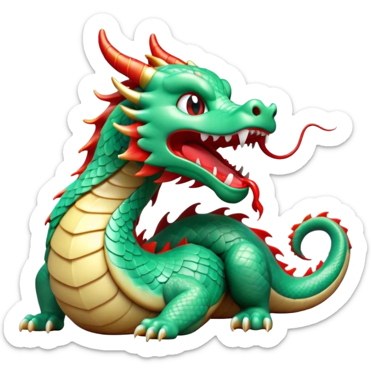 Cinematic Cute Yawning Chinese Serpent Dragon Portrait Emoji, Head gently inclined with a dramatic, wide-open yawn, revealing an elegantly elongated body with softly glowing jade and vermilion scales, enriched by subtle, ethereal cloud and ripple motifs; rendered with authentic detail and delicate natural light, high shine, relaxed yet wise, styled with a dash of ancient mystique, soft glowing outline, capturing the essence of a drowsy but venerable celestial dragon ready to drift into a serene, timeless slumber! sticker