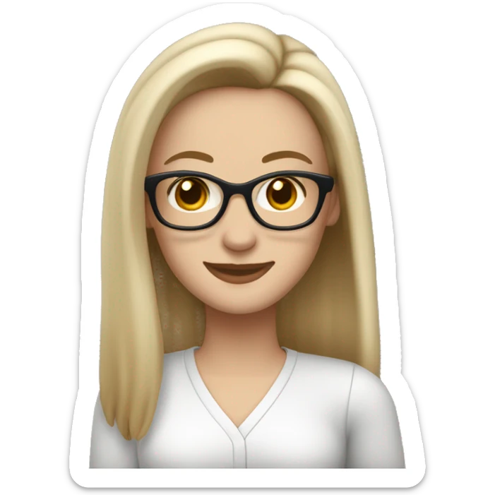 White woman, glasses, long straight hair pinned back at the sides, dark brown eyes smiling while waving t say hello sticker