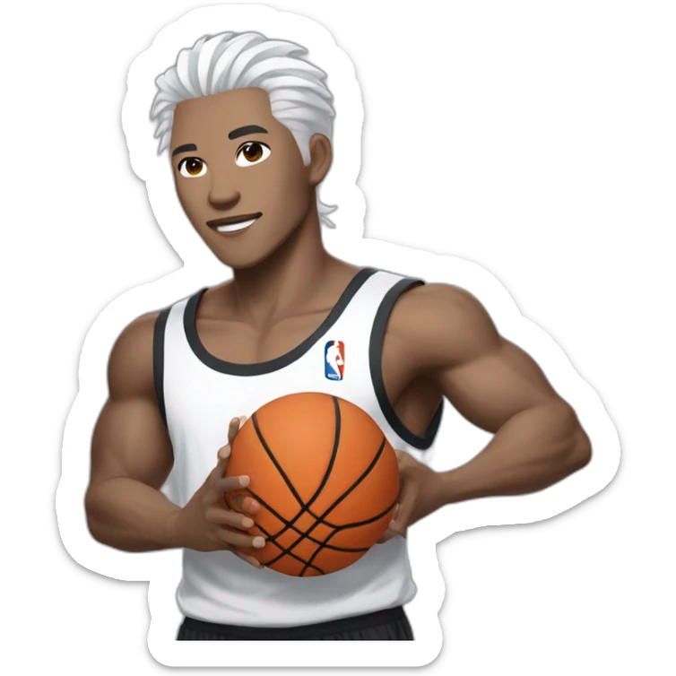Chinese idol wearing white straps, gray pants and black shirt with white hair, holding a basketball in his right hand sticker