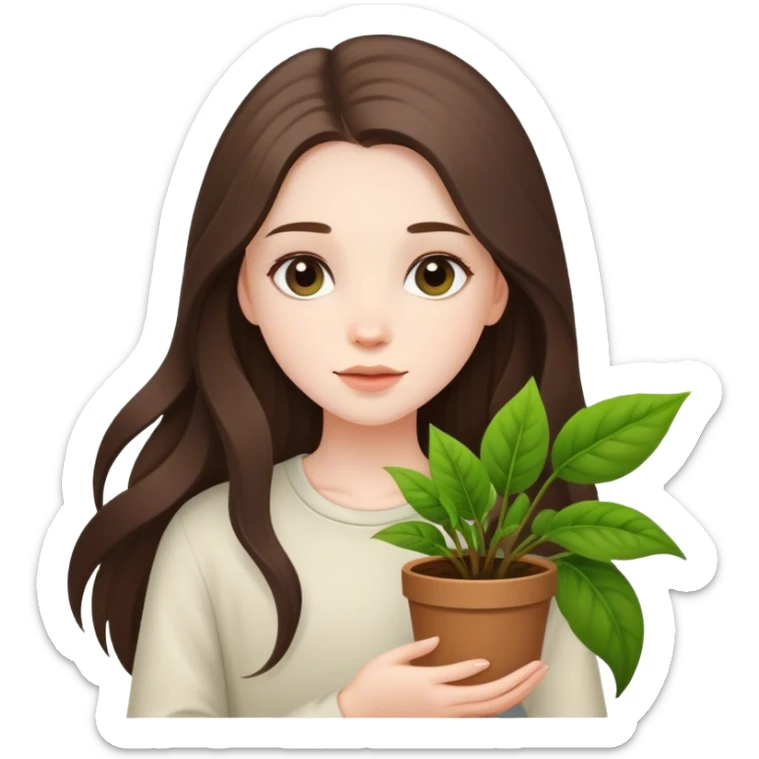 beautiful pale brunette girl with long hair holding plants  sticker