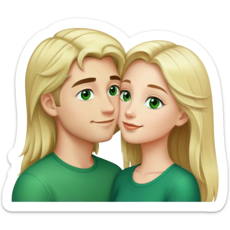 Smiling kissing couple of blonde girl with long hair green eyes and boy with short black hair and green eyes sticker