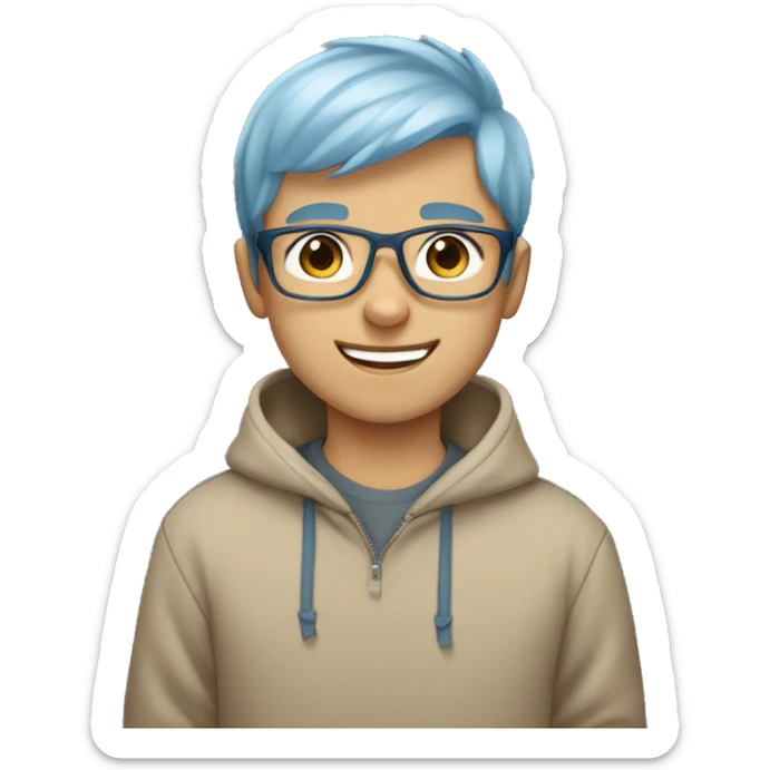 boy wearing a blue hoodie with light brown short hair wearing grey glasses and he has a cute smile, light blue eyes and he's surrounded by heart  sticker
