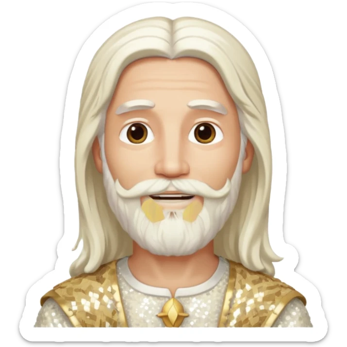 Jesus, Son of God from Gods and Goddesses with long white hair and beard, ivory sequin outfit sticker