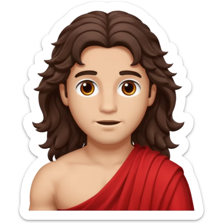 Adonis from The Olympians with long dark brown wavy hair, red toga sticker