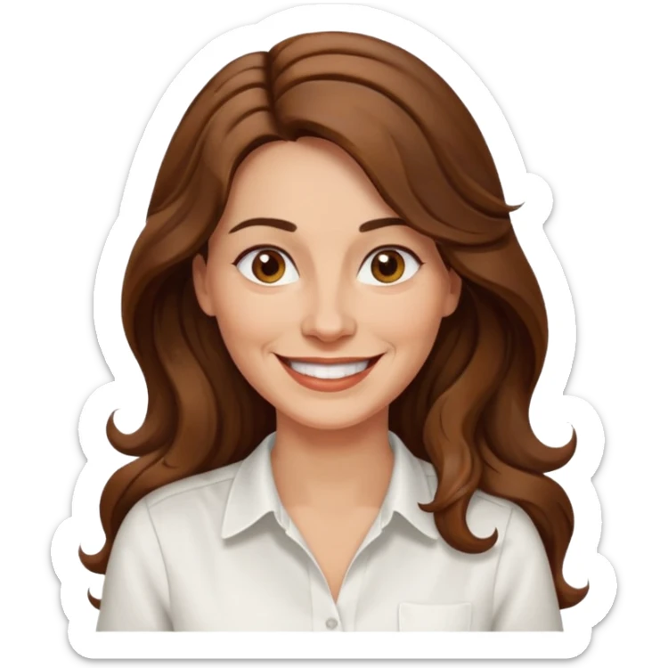 40 yr croatian woman, long wavy brown hair, big smile, side part, 
 sticker