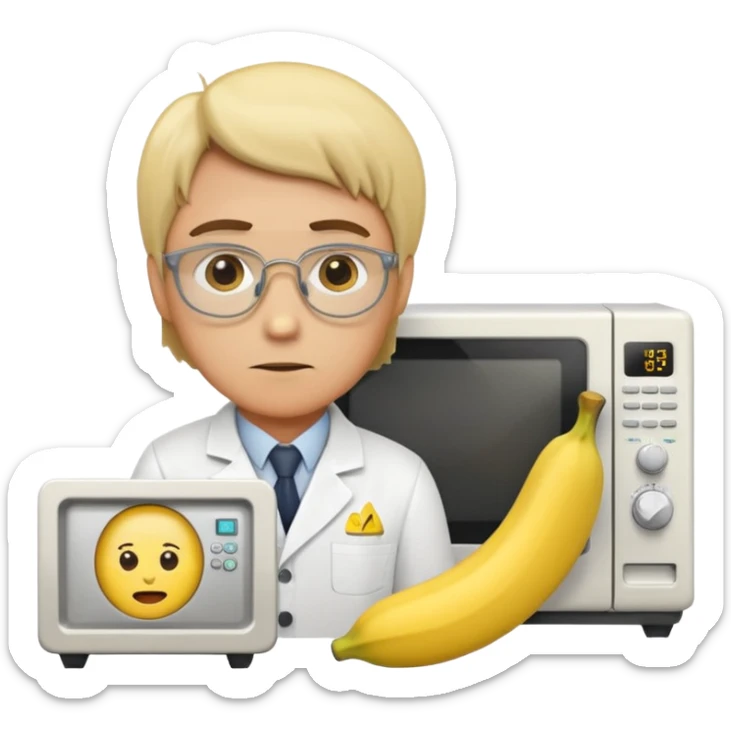 scene with a microwave oven, a banana and a scientist together emoji style sticker